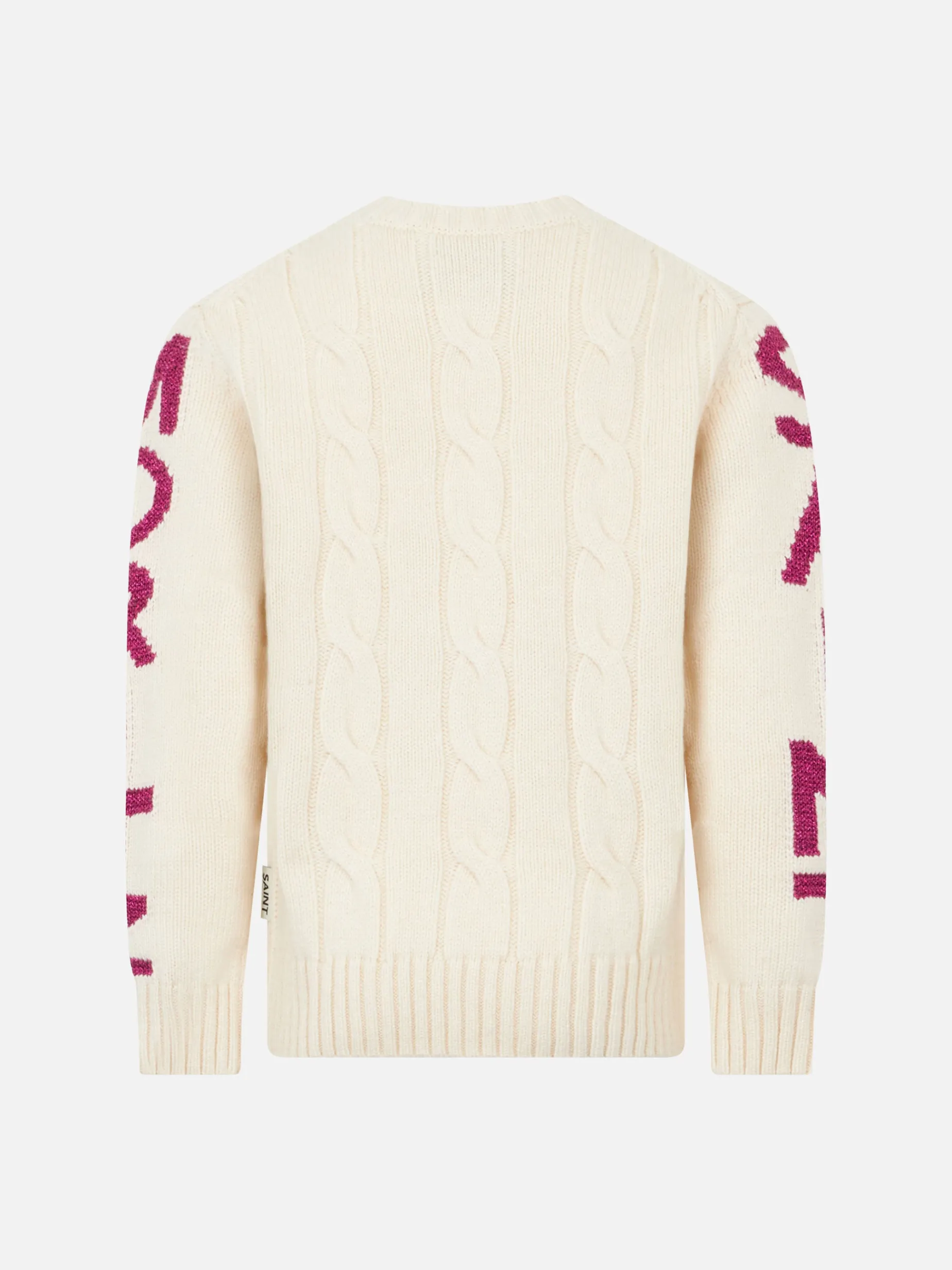 Geflochtener Mädchenpullover mit Rundhalsausschnitt und Saint-Moritz-Lurex-Print