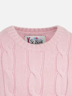 Geflochtener Mädchenpullover mit Rundhalsausschnitt und Saint-Barth-Lurex-Print
