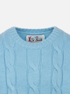 Geflochtener Mädchenpullover mit Rundhalsausschnitt und Saint-Barth-Lurex-Print