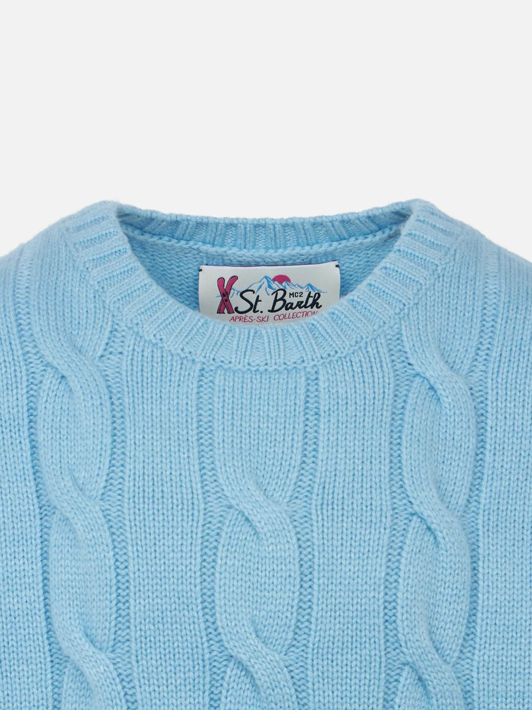 Geflochtener Mädchenpullover mit Rundhalsausschnitt und Saint-Barth-Lurex-Print