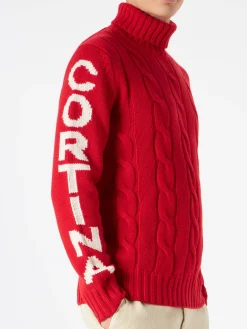Geflochtener Rollkragenpullover für Herren mit Cortina Ampezzo-Aufdruck