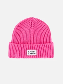 Gerippte Damenmütze in Neonrosa mit Saint-Barth-Etikett
