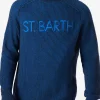 Gerippter blauer Herrenpullover mit halbem Rollkragen