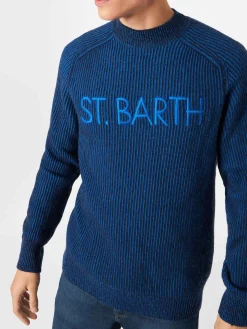 Gerippter blauer Herrenpullover mit halbem Rollkragen