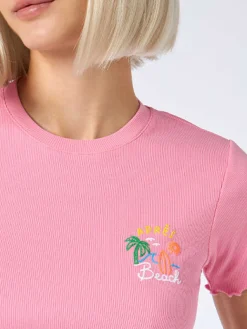 Geripptes Damen-T-Shirt mit Après Beach-Stickerei
