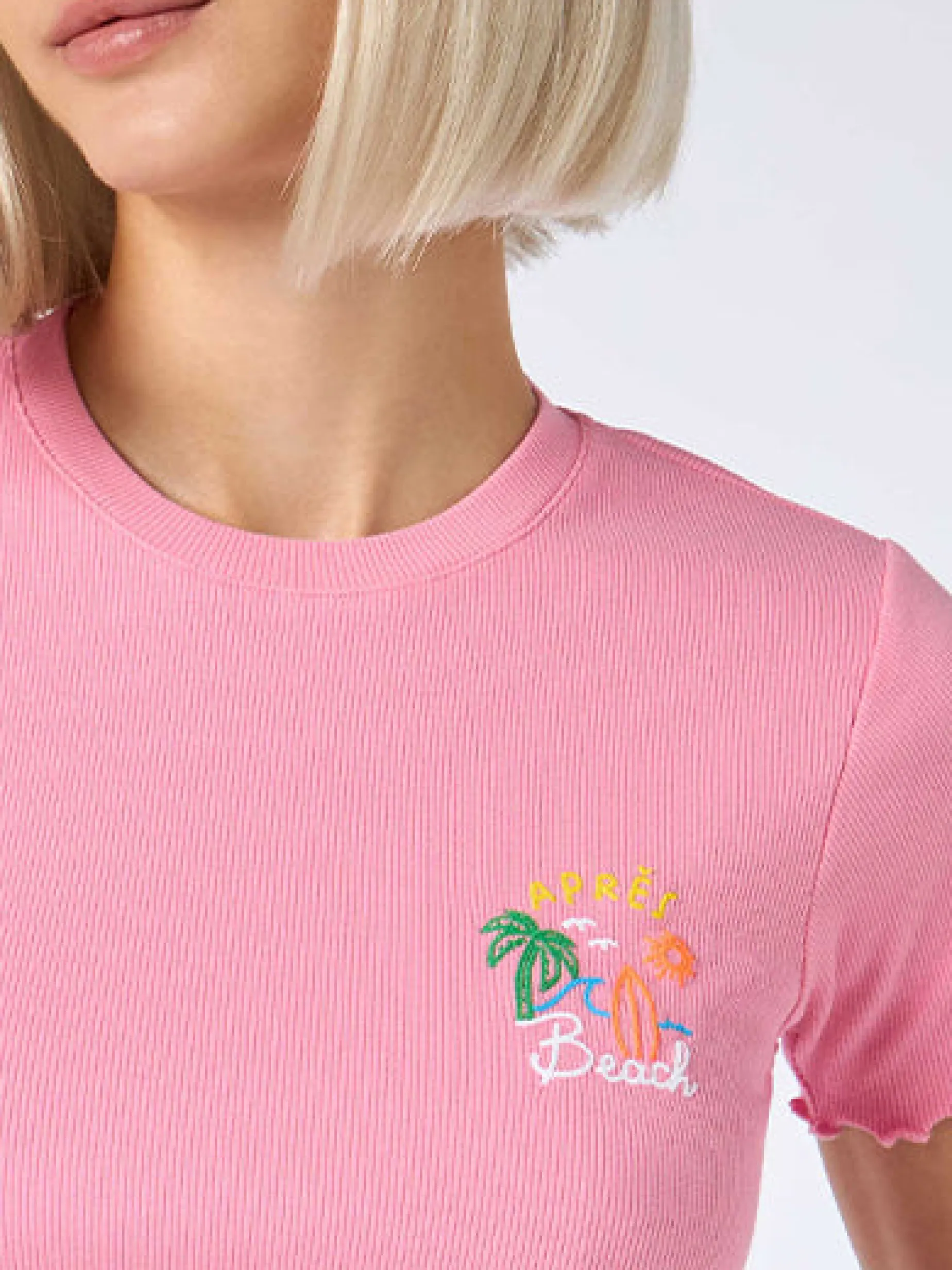 Geripptes Damen-T-Shirt mit Après Beach-Stickerei