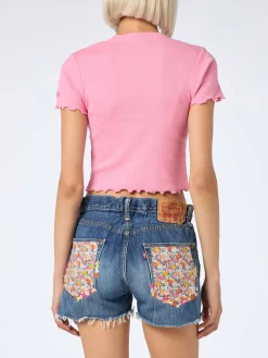 Geripptes Damen-T-Shirt mit Après Beach-Stickerei