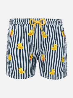 Gestreifte Badeshorts für Jungen mit aufgestickten Enten