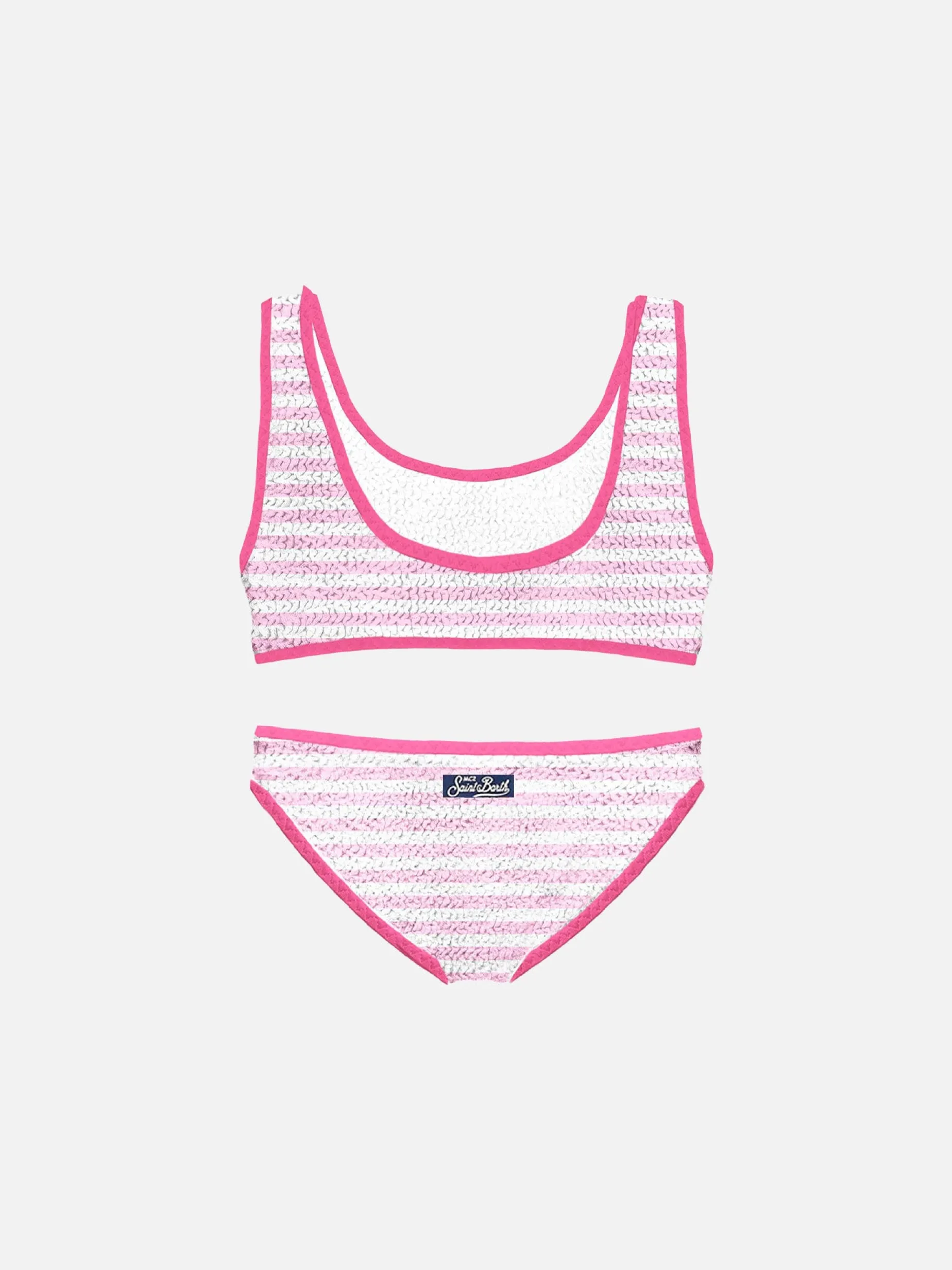 Gestreifter Crinkle-Bralette-Bikini für Mädchen mit Paspelierung