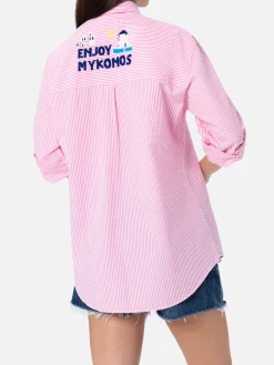 Gestreiftes Überhemd aus weicher Baumwolle für Damen Brigitte mit Mykonos-Stickerei vorne und hinten
