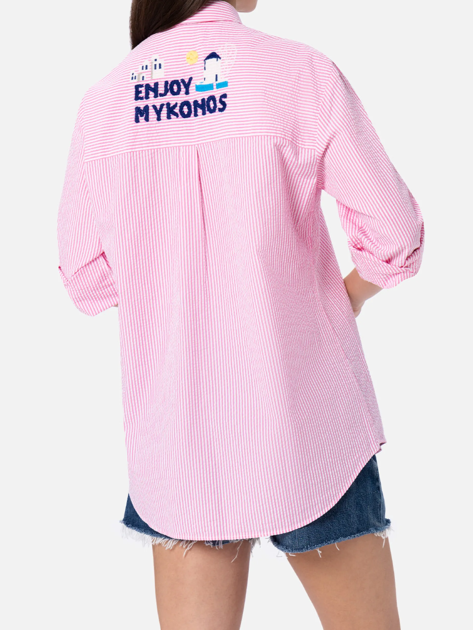 Gestreiftes Überhemd aus weicher Baumwolle für Damen Brigitte mit Mykonos-Stickerei vorne und hinten