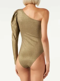 Gestrickter One-Shoulder-Badeanzug/Bodywear in glitzerndem Gold