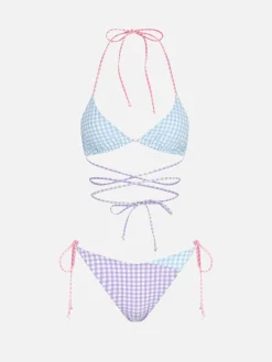 Gingham-Triangel-Bikini mit langen Schnürsenkeln