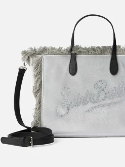 Graue Colette-Handtasche aus Samt mit Strass-Logo