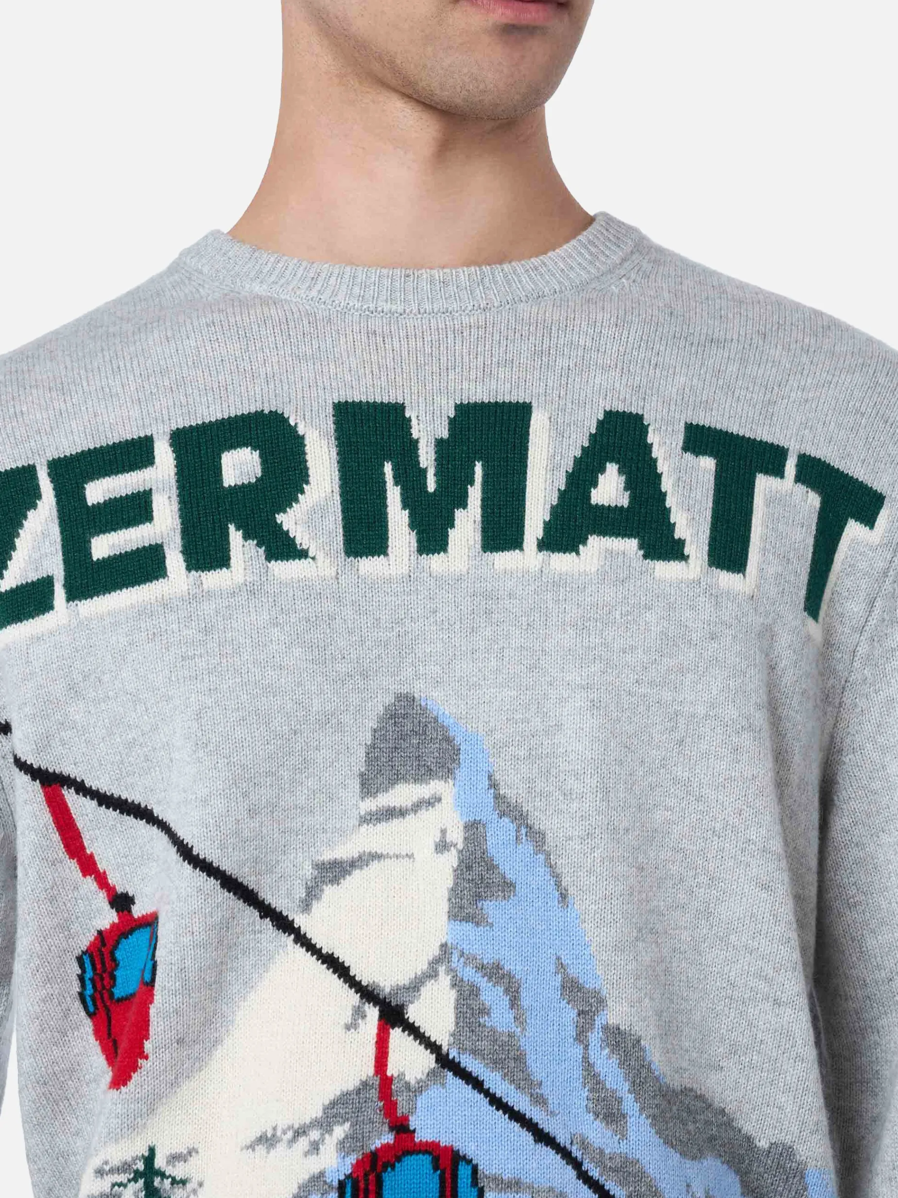 Grauer Herrenpullover Heron mit Zermatt-Zopf-Postkartendruck