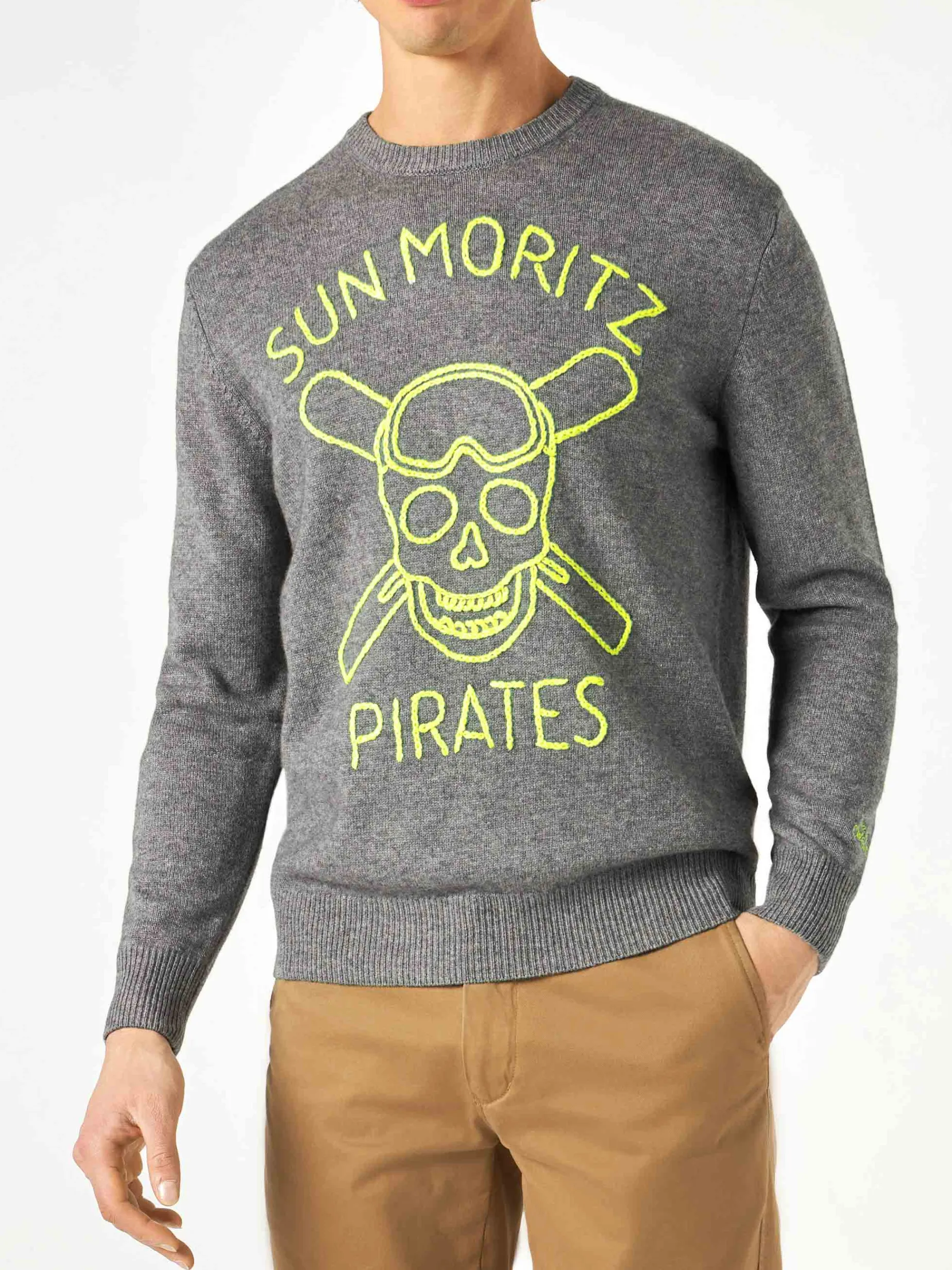 Grauer Herrenpullover Sun Moritz Pirates mit Fluo-Stickerei