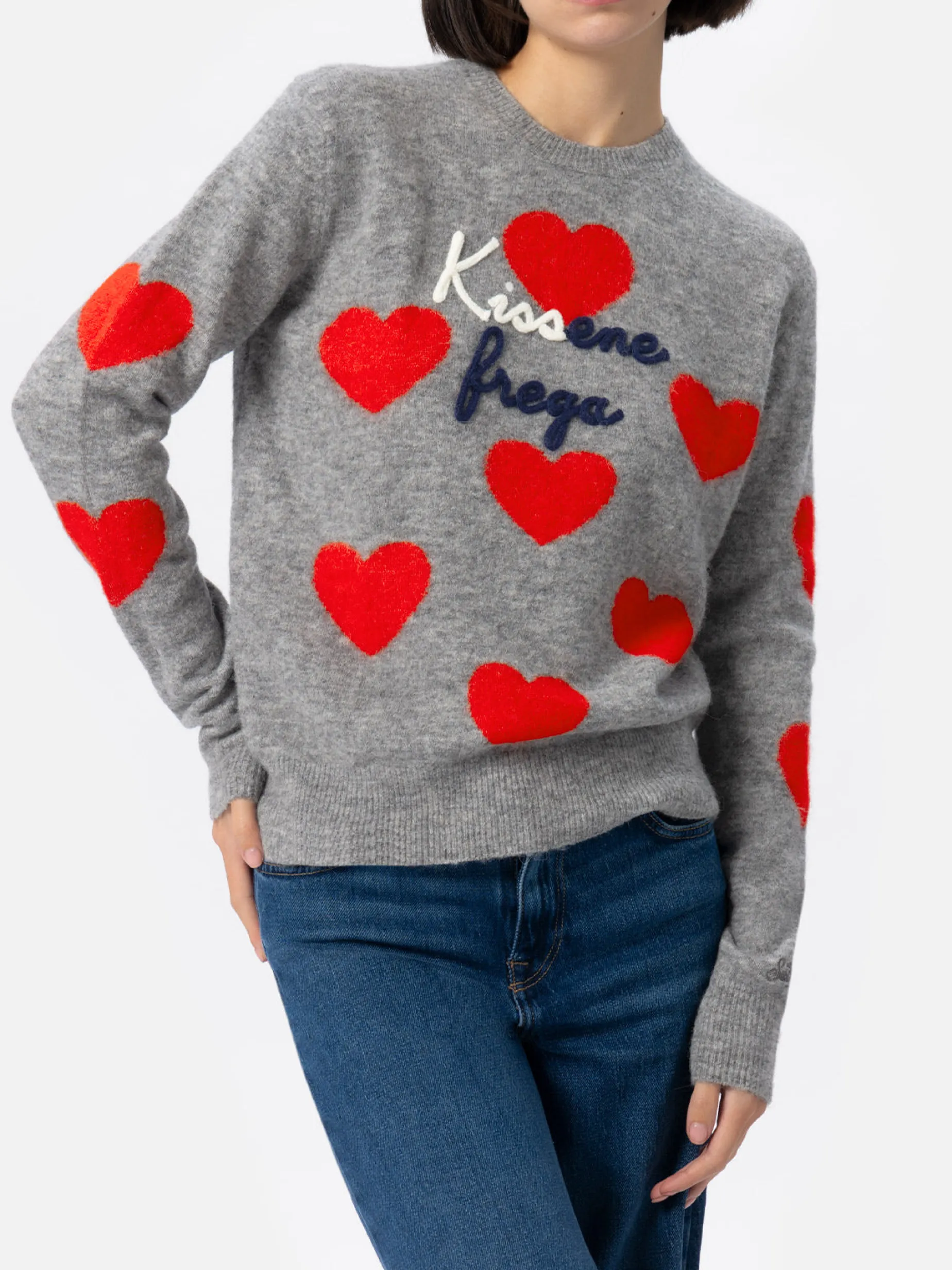 Grauer Pullover für Damen New Queen Kissene Frega Stickerei