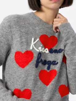 Grauer Pullover für Damen New Queen Kissene Frega Stickerei