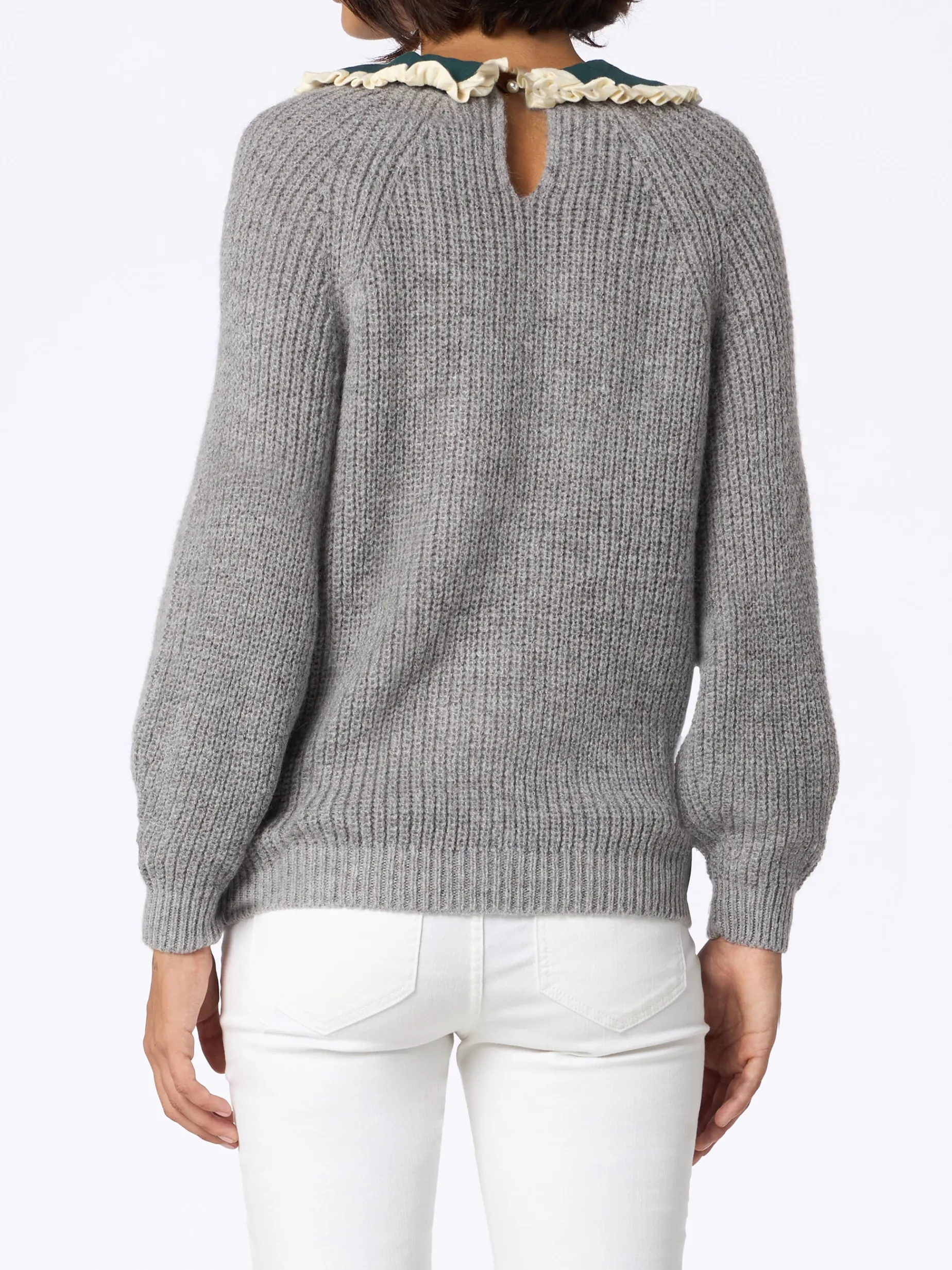 Grauer Rippenpullover Calia für Damen mit Samtkragen und Schleife