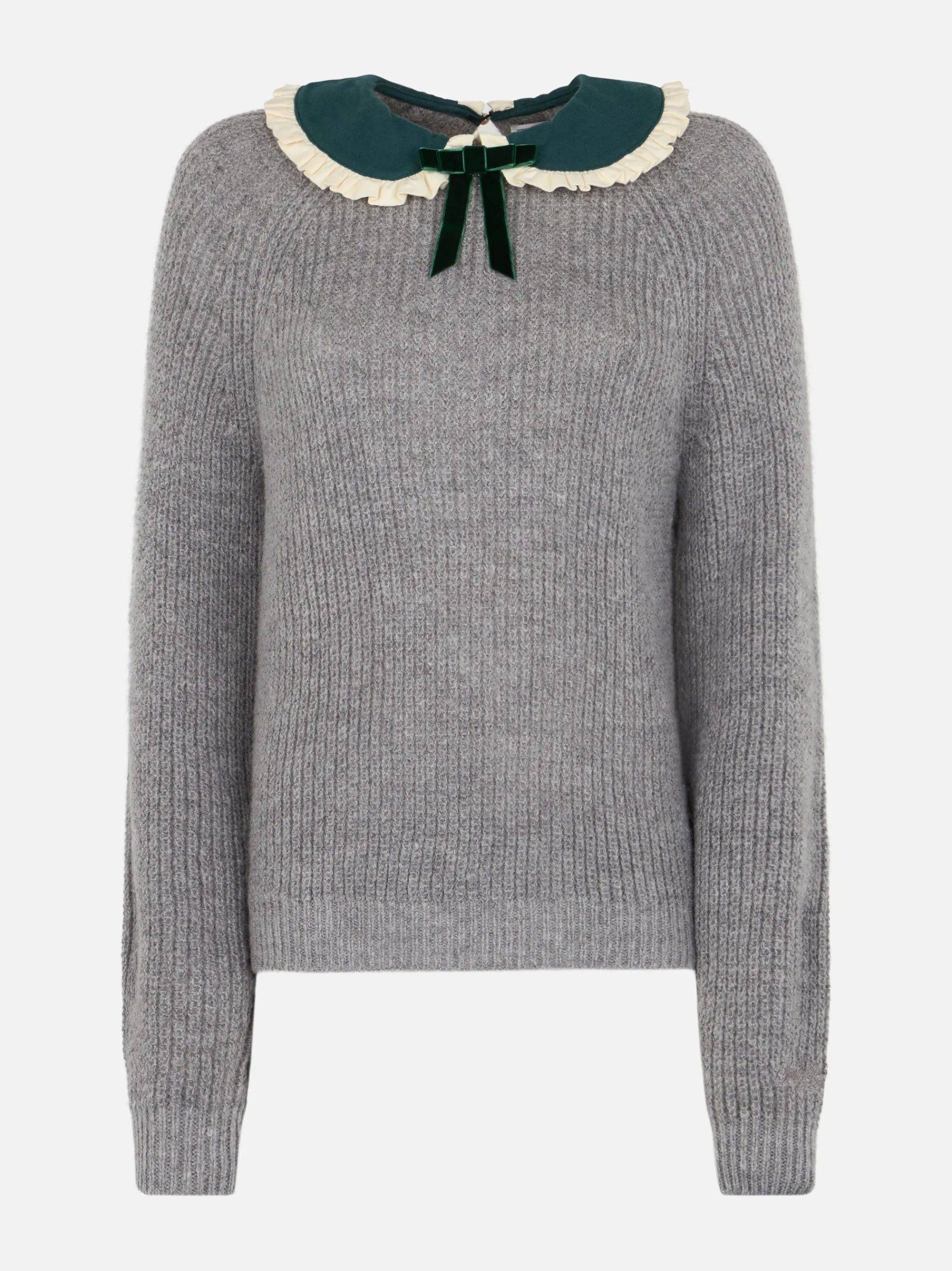 Grauer Rippenpullover Calia für Damen mit Samtkragen und Schleife