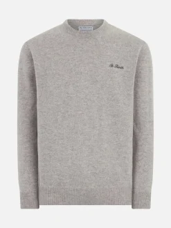 Graumelierter Herrenpullover mit Rundhalsausschnitt und St. Barth-Stickerei