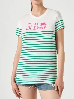 Grün gestreiftes Baumwoll-T-Shirt mit St. Barth-Stickerei