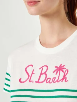 Grün gestreiftes Baumwoll-T-Shirt mit St. Barth-Stickerei