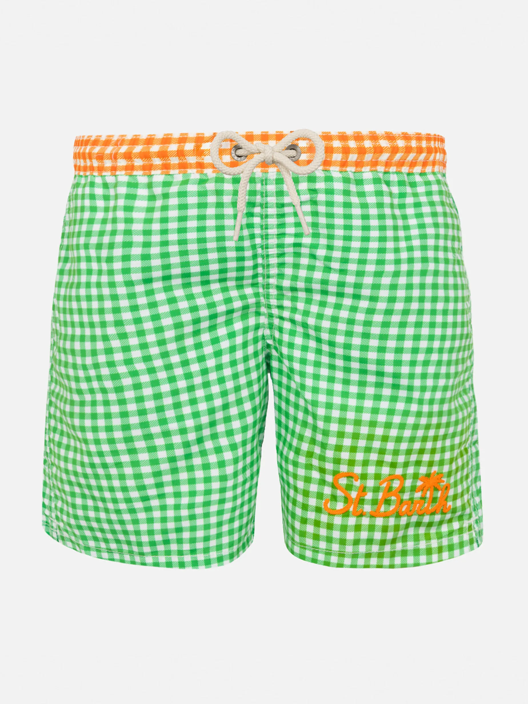 Grüne Badeshorts für Jungen mit Gingham-Karomuster und Stickerei