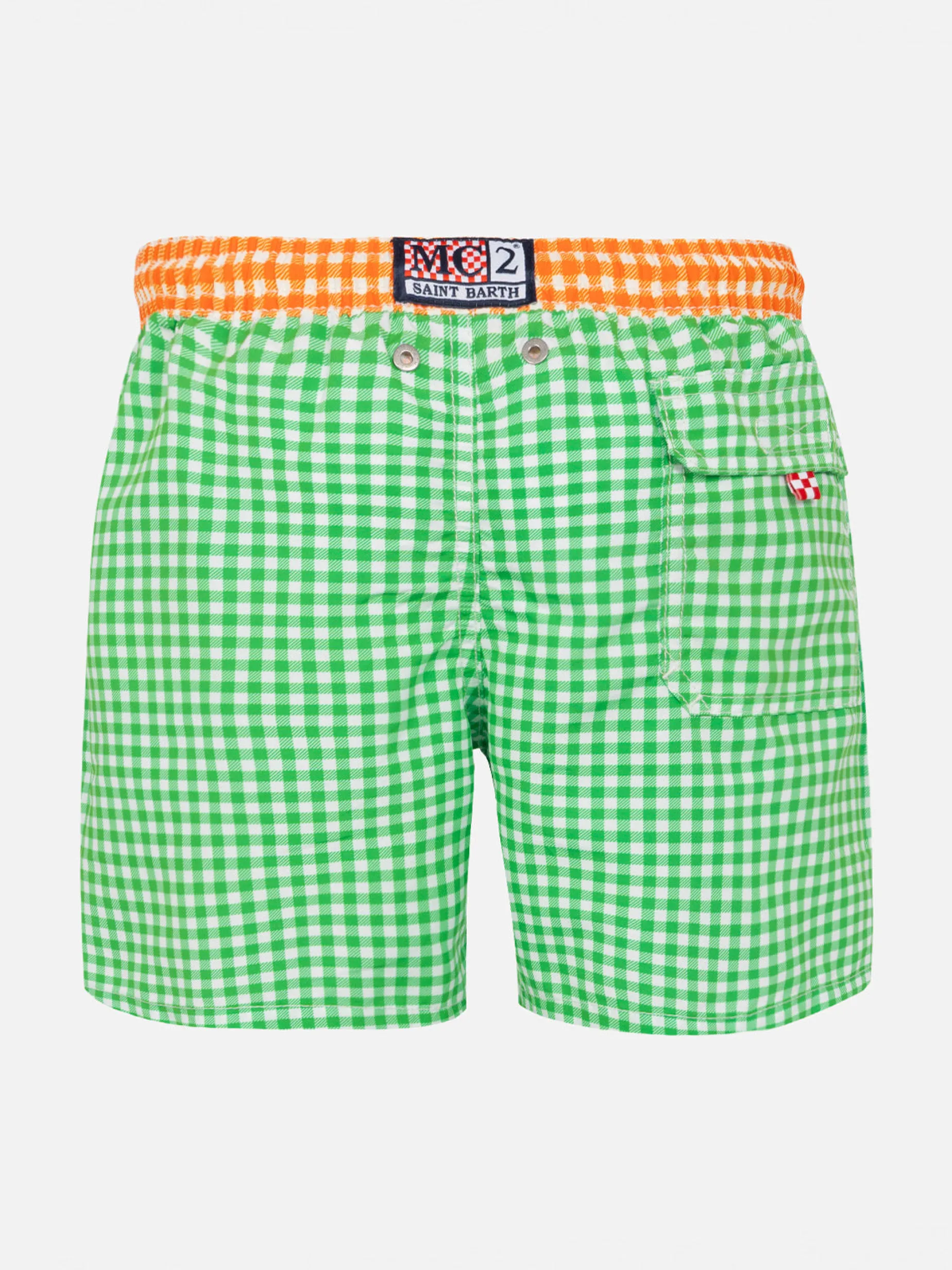 Grüne Badeshorts für Jungen mit Gingham-Karomuster und Stickerei