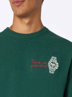 Grüner Herrenpullover „Heron“ mit „Time is Precious“-Stickerei
