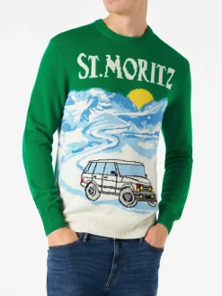 Grüner Herrenpullover mit St.Moritz-Postkartendruck