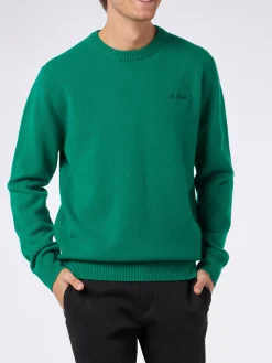 Grüner Herrenpullover mit Rundhalsausschnitt und St. Barth-Stickerei