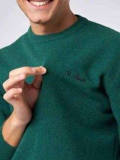 Grüner Herrenpullover mit Rundhalsausschnitt und St. Barth-Stickerei
