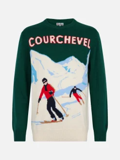 Grüner Pullover für Männer Heron mit Postkartendruck der Skifahrer von Courchevel