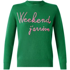 Grüner Pullover „Weekend j'arrive“ mit fluorosa Stickerei