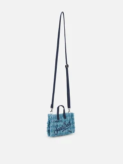 Hellblaue Telefontasche aus Tweed mit Saint Barth-Logostickerei