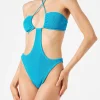 Hellblauer Crinkle-Trikini-Badeanzug aus Lurex
