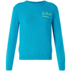 Hellblauer gebürsteter Damenpullover mit Stickerei