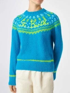 Hellblauer nordischer Jacquard-Pullover für Damen mit Rundhalsausschnitt