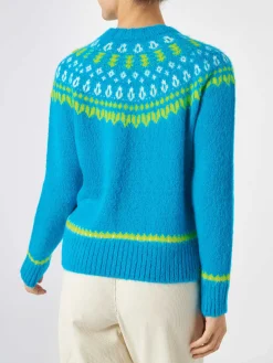 Hellblauer nordischer Jacquard-Pullover für Damen mit Rundhalsausschnitt