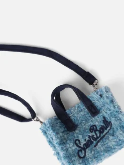 Hellblauer Schlüsselanhänger aus Tweedstoff mit Logostickerei