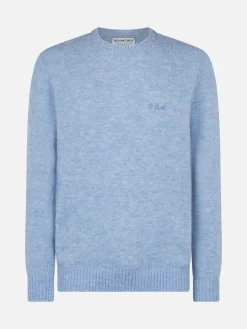 Hellblauer Stretch-Wollpullover für Herren mit St. Barth-Stickerei