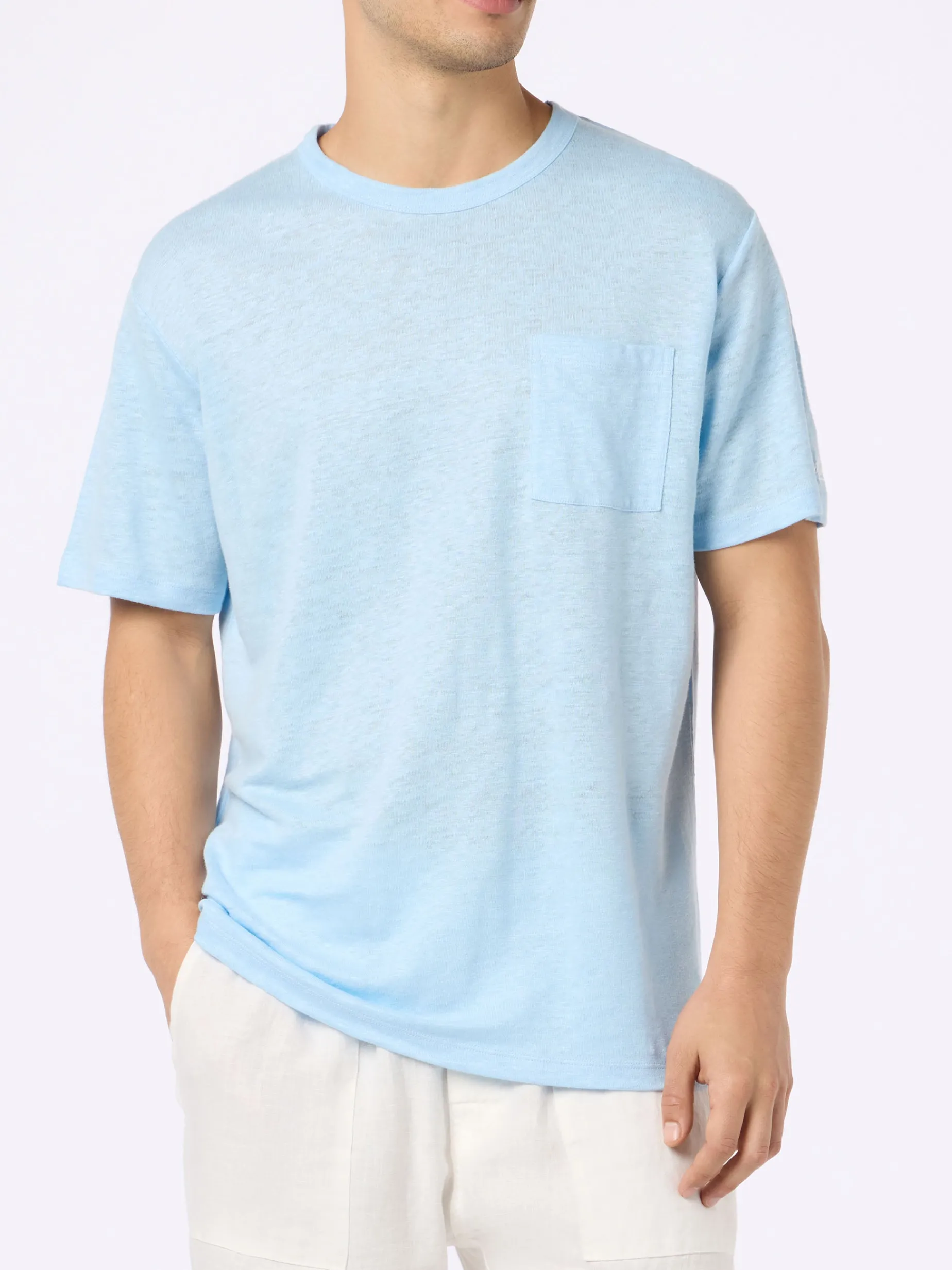 Hellblaues Herren-T-Shirt aus Leinenjersey Ecstasea mit Tasche