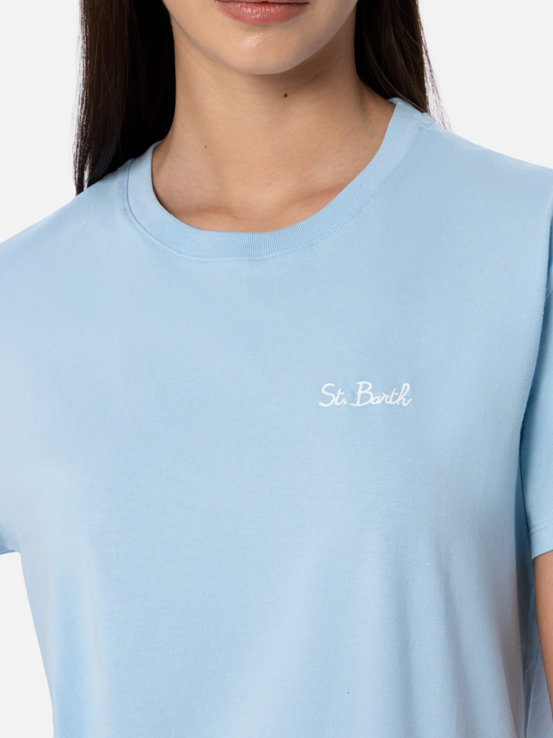 Hellblaues Rundhals-T-Shirt Emilie aus Baumwolljersey für Damen