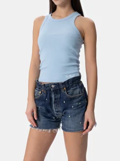 Hellblaues Tanktop aus Baumwolle im Rippenmuster für Damen Ada