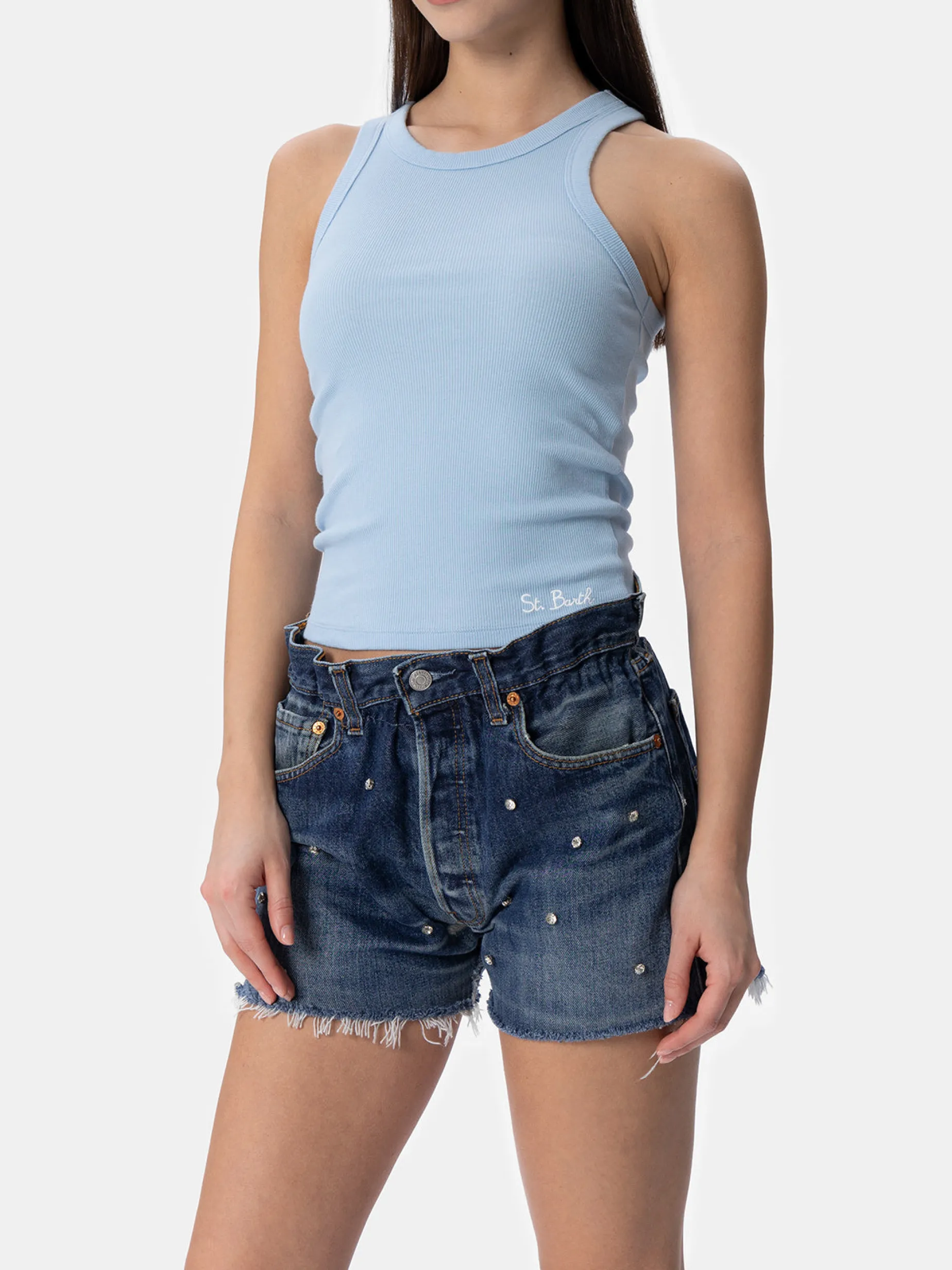 Hellblaues Tanktop aus Baumwolle im Rippenmuster für Damen Ada