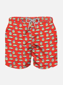 Hellrote Badeshorts für Jungen mit Micro-Thunfisch-Box-Print