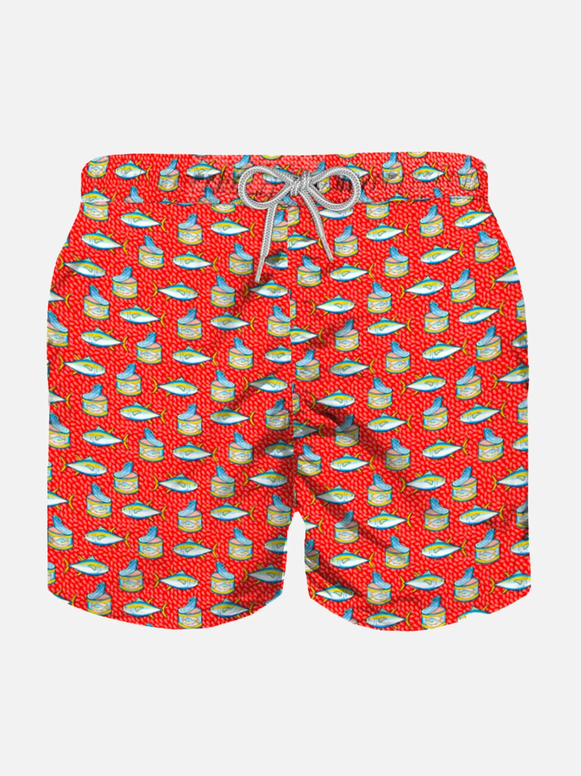 Hellrote Badeshorts für Jungen mit Micro-Thunfisch-Box-Print