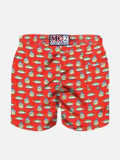 Hellrote Badeshorts für Jungen mit Micro-Thunfisch-Box-Print