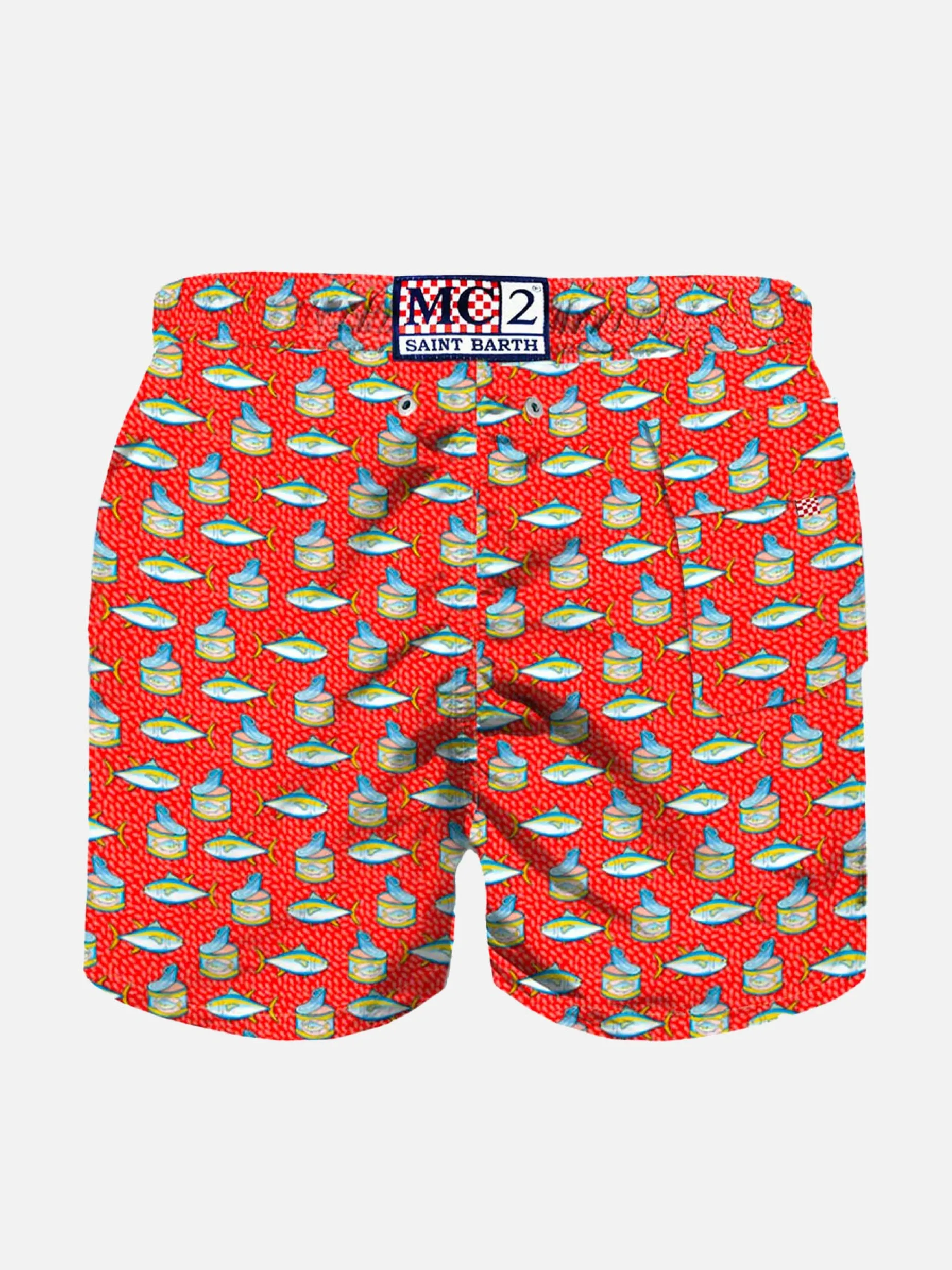 Hellrote Badeshorts für Jungen mit Micro-Thunfisch-Box-Print